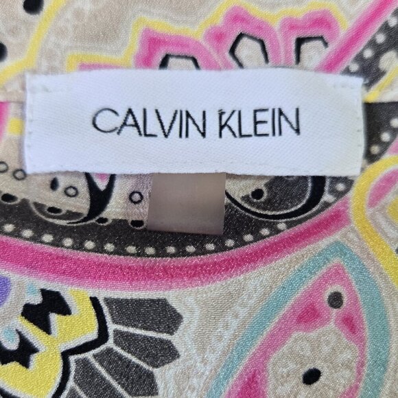 Calvin Klein Multicolor Abstract Paisley Roll Tab Sleeve Button-Up Shirt Boho - Picture 8 of 8